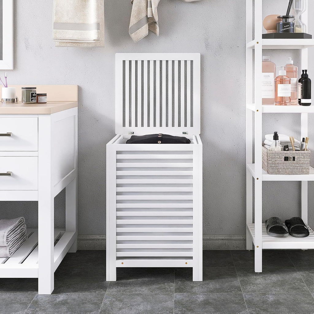 SMIBUY Double Laundry Hamper with Lid, 120L Bamboo Laundry Basket with Removable Liner Bag, 2-Section Clothes Divider Laundry Sorter for Laundry Room, Bathroom, Bedroom (White)