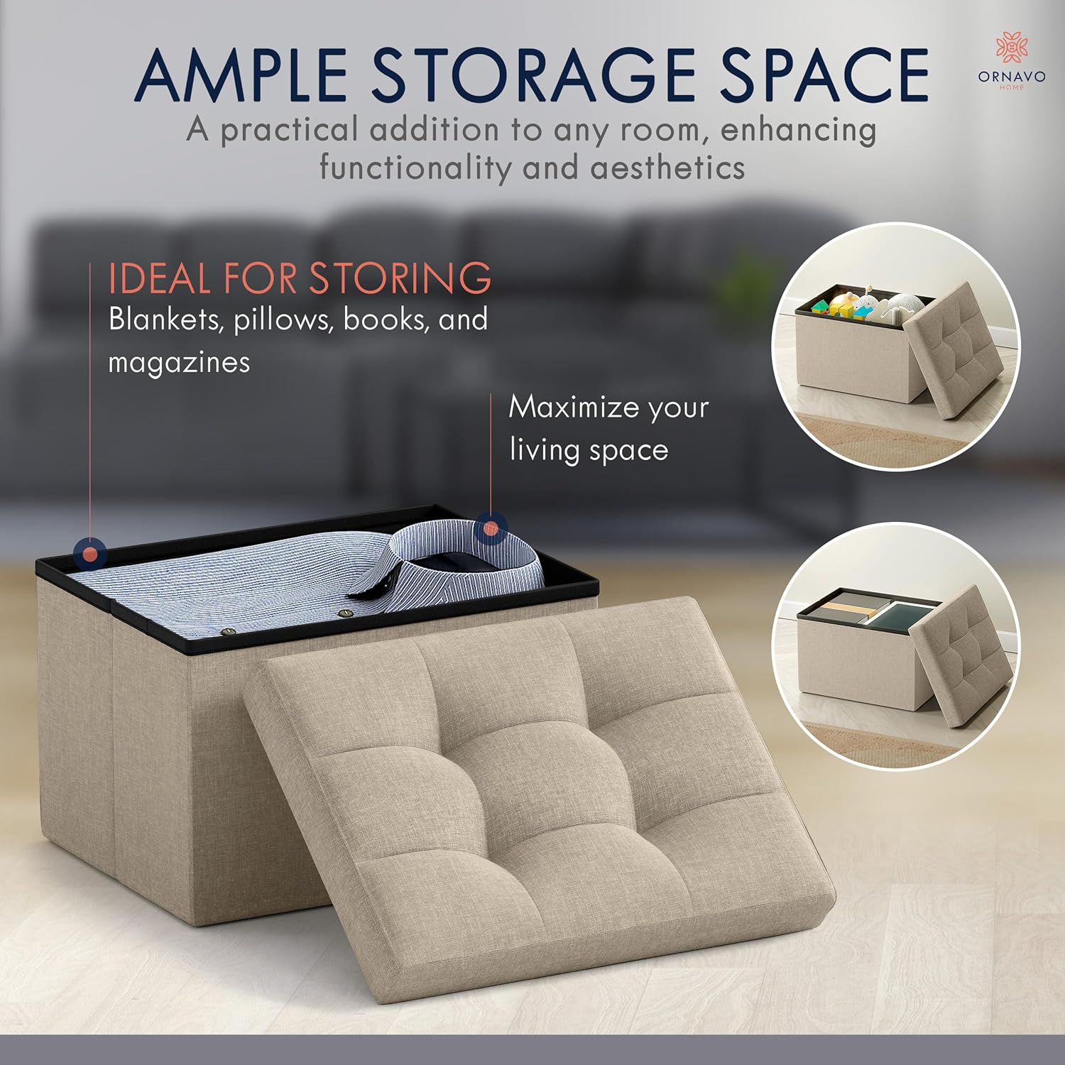 Ornavo Home Small Storage Ottoman Foldable Collapsible Rectangle Linen Ottoman Foot Rest Stool Seat, for Living Room, Bedroom, Home Office, Dorm - 12 x 16 x 12, Taupe