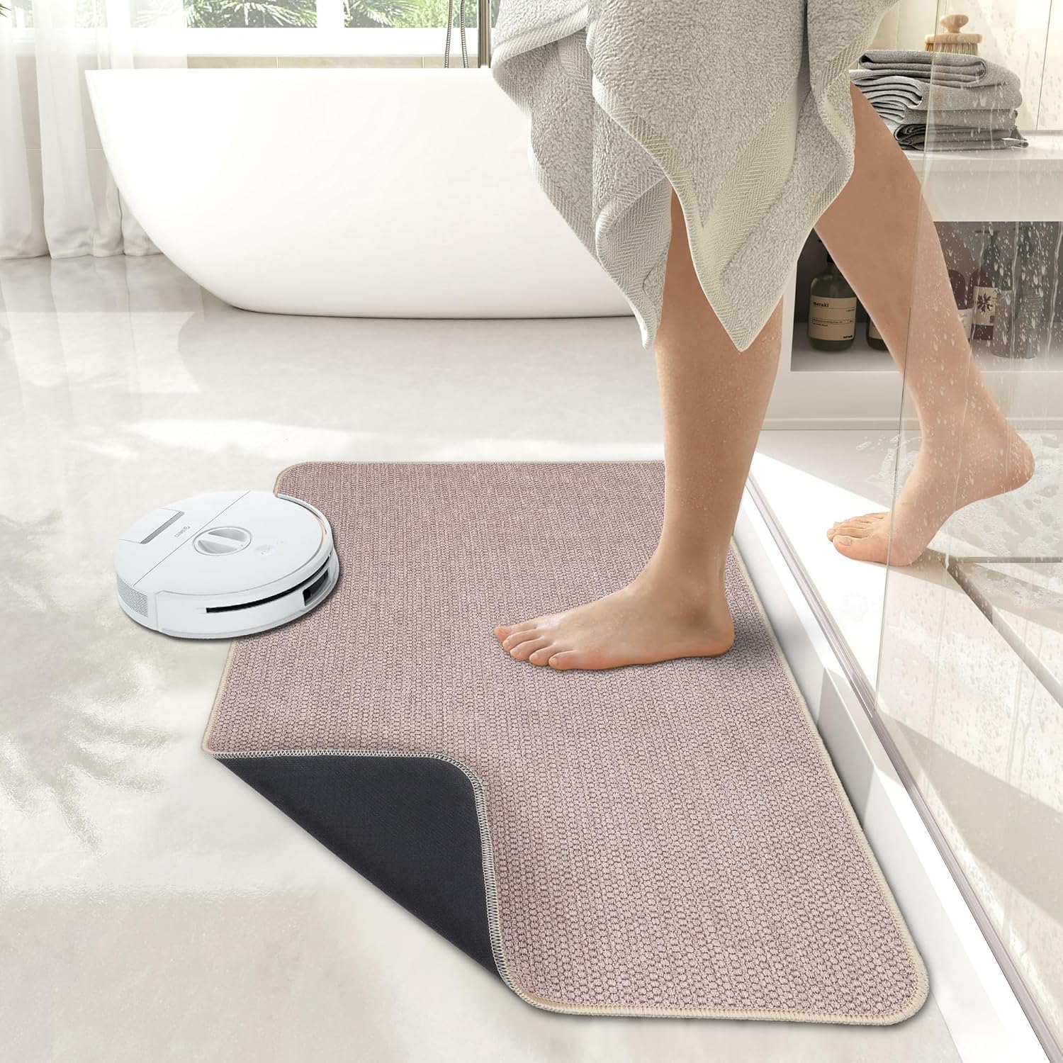 Bath Mat,Ultra Thin Bathroom Rugs,Rubber Bath Mats for Bathroom,No Slip Bath Rugs,Quick Dry,Machine Washable,Low Pile,Absorbent,Shower Outside,Sink,Home Decor Accessories.Beige,1'5"x2'3"(17x27inch)