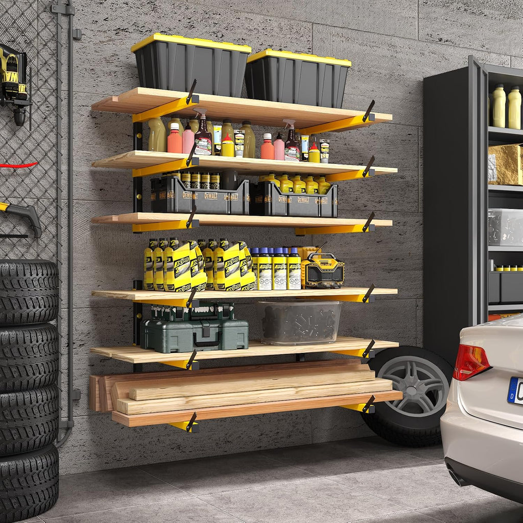 GREENER Lumber Storage Rack Folding Wood Storage Racks Wall-Mounted Metal Racks for Storage with 3-Level Heavy Duty Garage Wood Organizer for Woodworking Shop Indoor & Outdoor Use, 4 pairs,Yellow