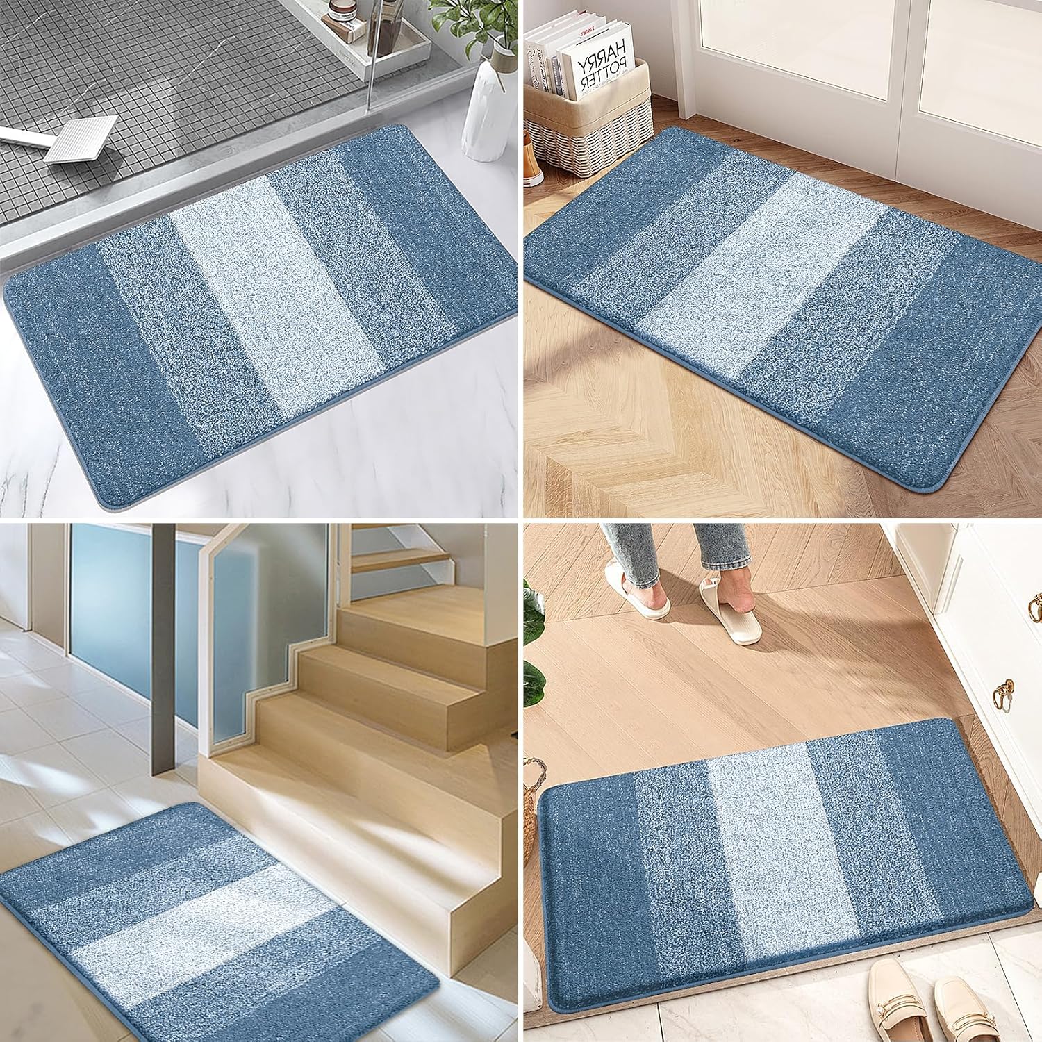 Kitinjoy Indoor Outdoor Door Mat, 30x17 Non-Slip Absorbent Dirt Trapper, Low-Profile Washable Inside Entrance Front Floor Mat, Sturdy Soft Entry Doormats for Entryway, Light Blue