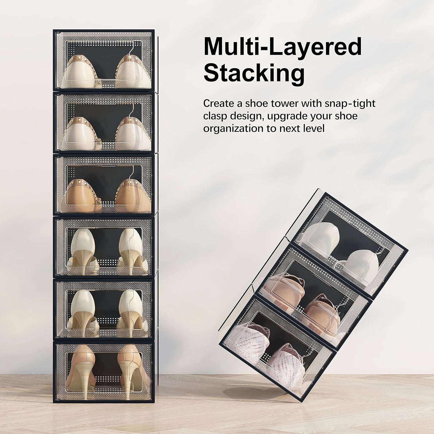 SEE SPRING 12 Pack Shoe Storage Box, Clear Plastic Stackable Shoe Organizer for Closet, Space Saving Shoe Rack for Entryway Sneaker Container Bin Holder (Black)