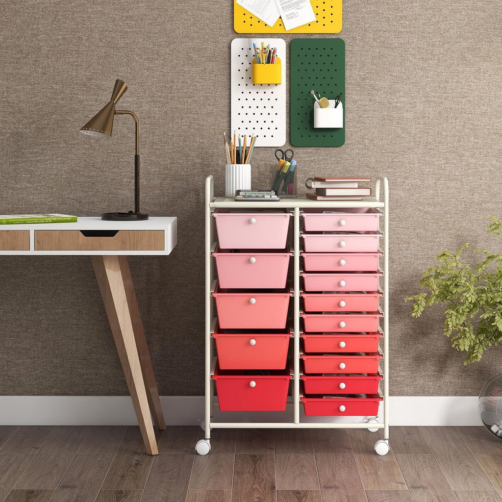 GOFLAME 15-Drawer Rolling Storage Cart, Multipurpose Movable Organizer Cart, Utility Cart for Home, Office, School, Pink
