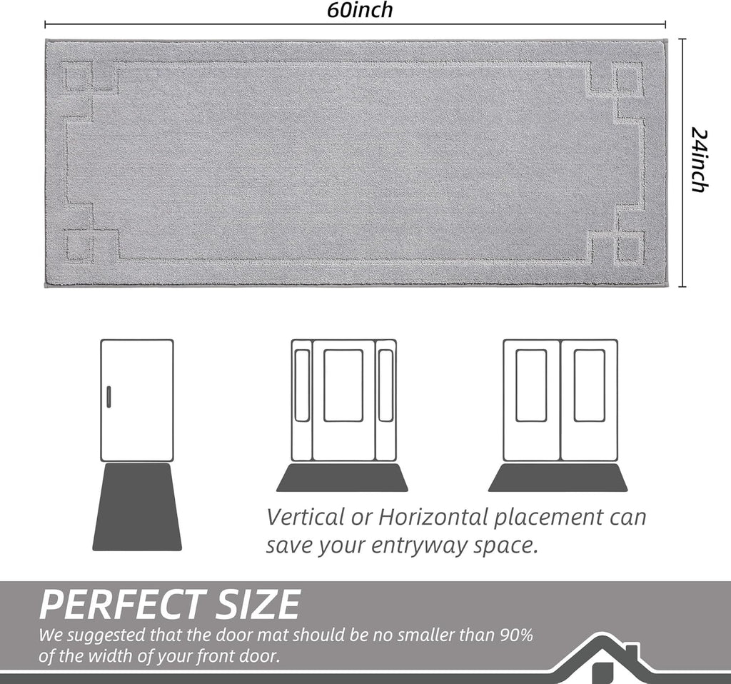 BEQHAUSE Door Mat 24" x 60", Non-Slip Door Mats Indoor Entryway Rugs Washable Low-Profile Absorbent and Stain Resist Floor Mats, Dog Door Mat for Front Back Door, Muddy Wet Shoes & Paws, Light Grey