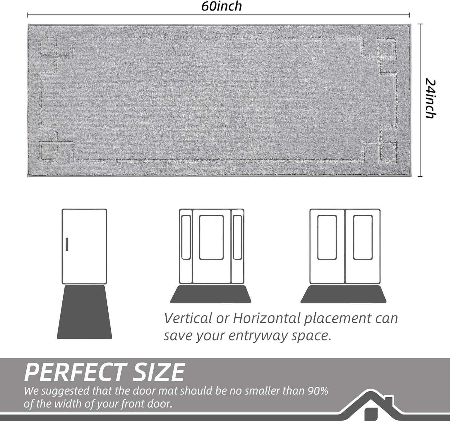 BEQHAUSE Door Mat 24" x 60", Non-Slip Door Mats Indoor Entryway Rugs Washable Low-Profile Absorbent and Stain Resist Floor Mats, Dog Door Mat for Front Back Door, Muddy Wet Shoes & Paws, Light Grey
