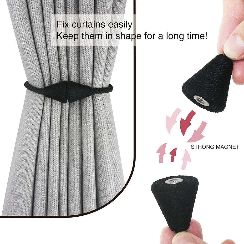 2 Pack Magnetic Curtain Tiebacks Rope Modern Handmade Curtain Tie Backs Decorative Drapes Weave Holdbacks for Window Décor, Black