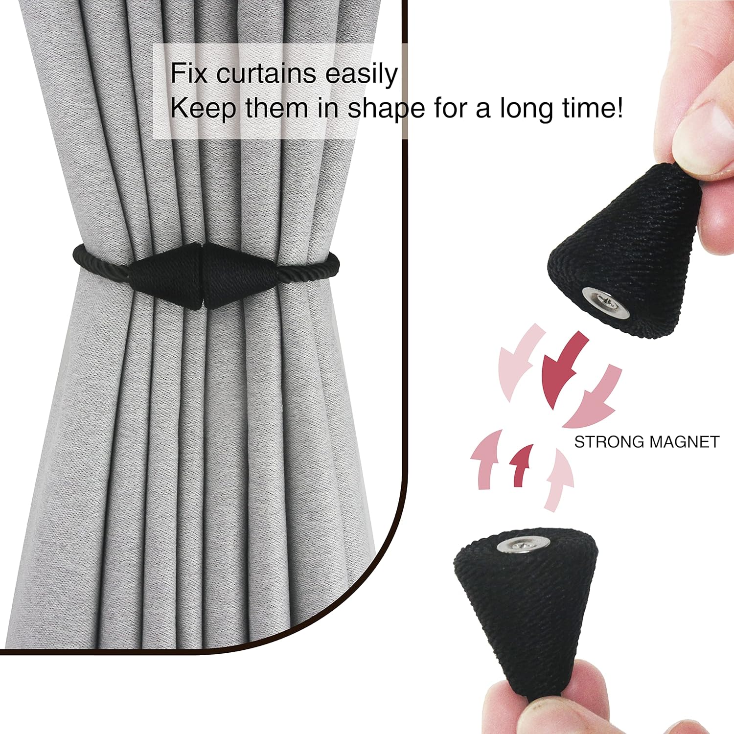 6 Pack Magnetic Curtain Tiebacks Rope Modern Handmade Curtain Tie Backs Decorative Drapes Weave Holdbacks for Window Décor, Black