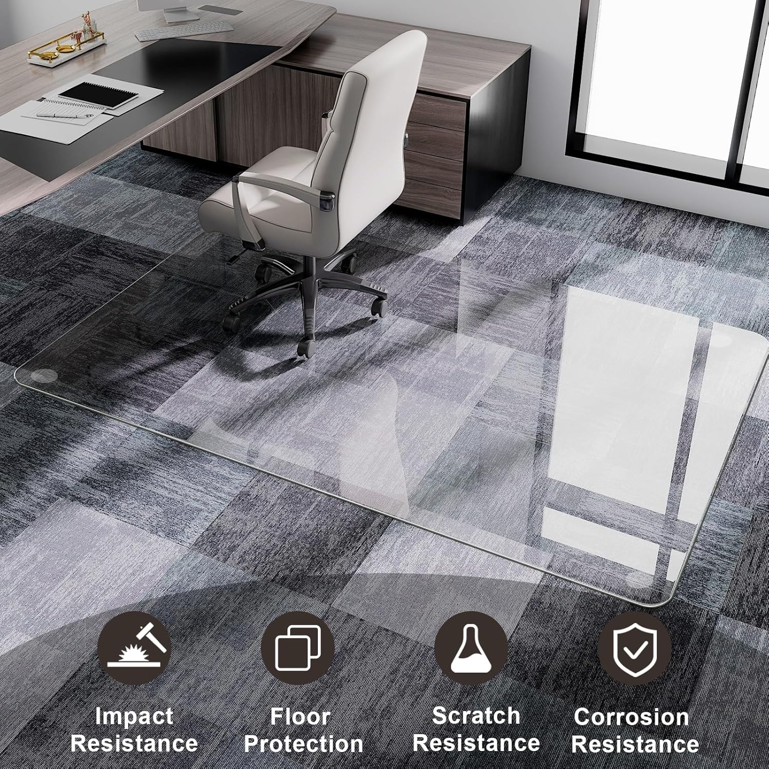 GLSLAND 54"x32" Tempered Glass Chair Mat Heavy-Duty Floor Protector for Carpet & Hard Floors Scratch-Resistant Office Computer Desk Mats Clear