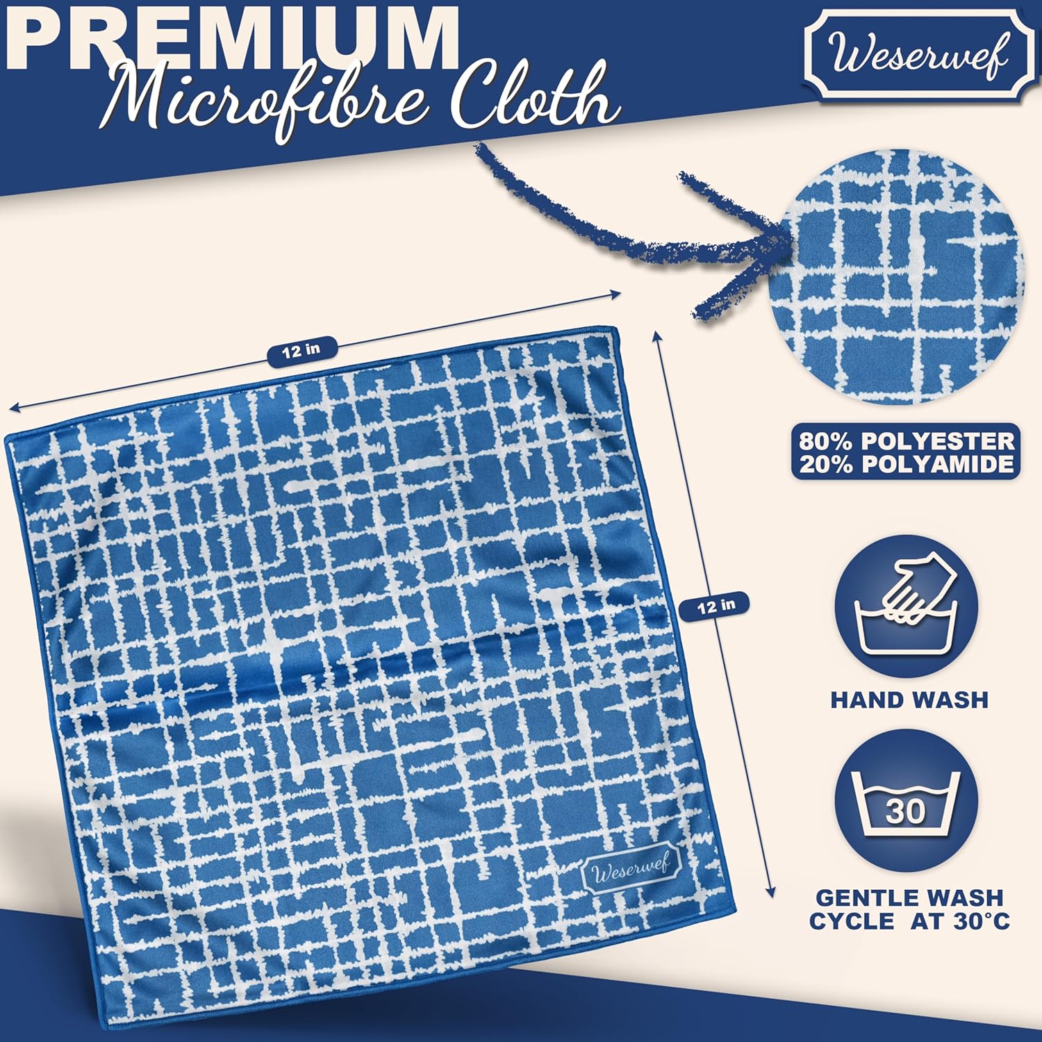 WESERWEF Design Microfiber Glasses Cleaning Cloth – Premium Cleaning Cloth for Eyeglasses, Screens, Tablets, Cameras & Lenses, 12" x 12", Ultra-Soft & Scratch-Free (Blue)
