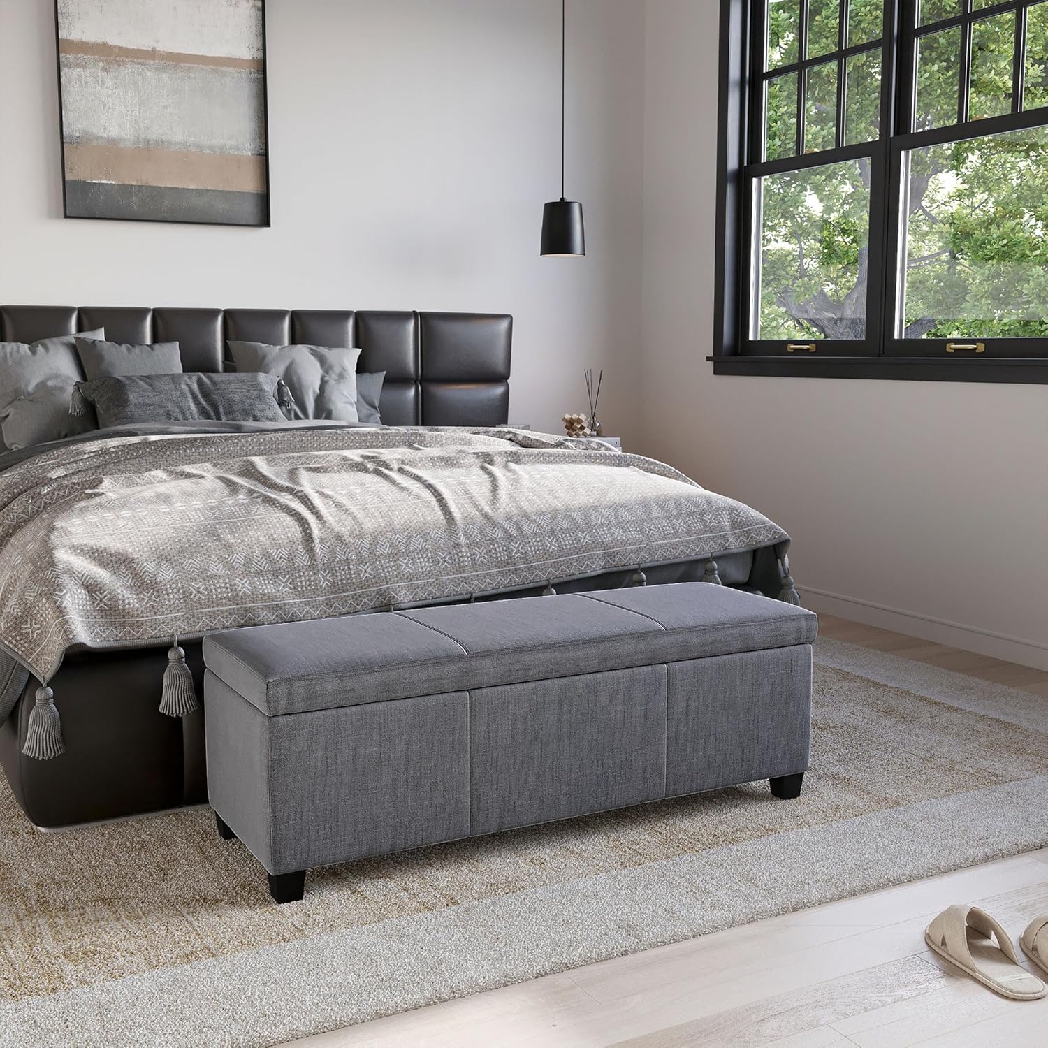 BELLEZE Storage Ottoman, 47 Inch Bench Bedroom Bench with Safety Close Hinge, Extra Long Ottoman with Storage for Living Room, Entryway, Hallway, Foot Rest, Support 300lbs - Gray