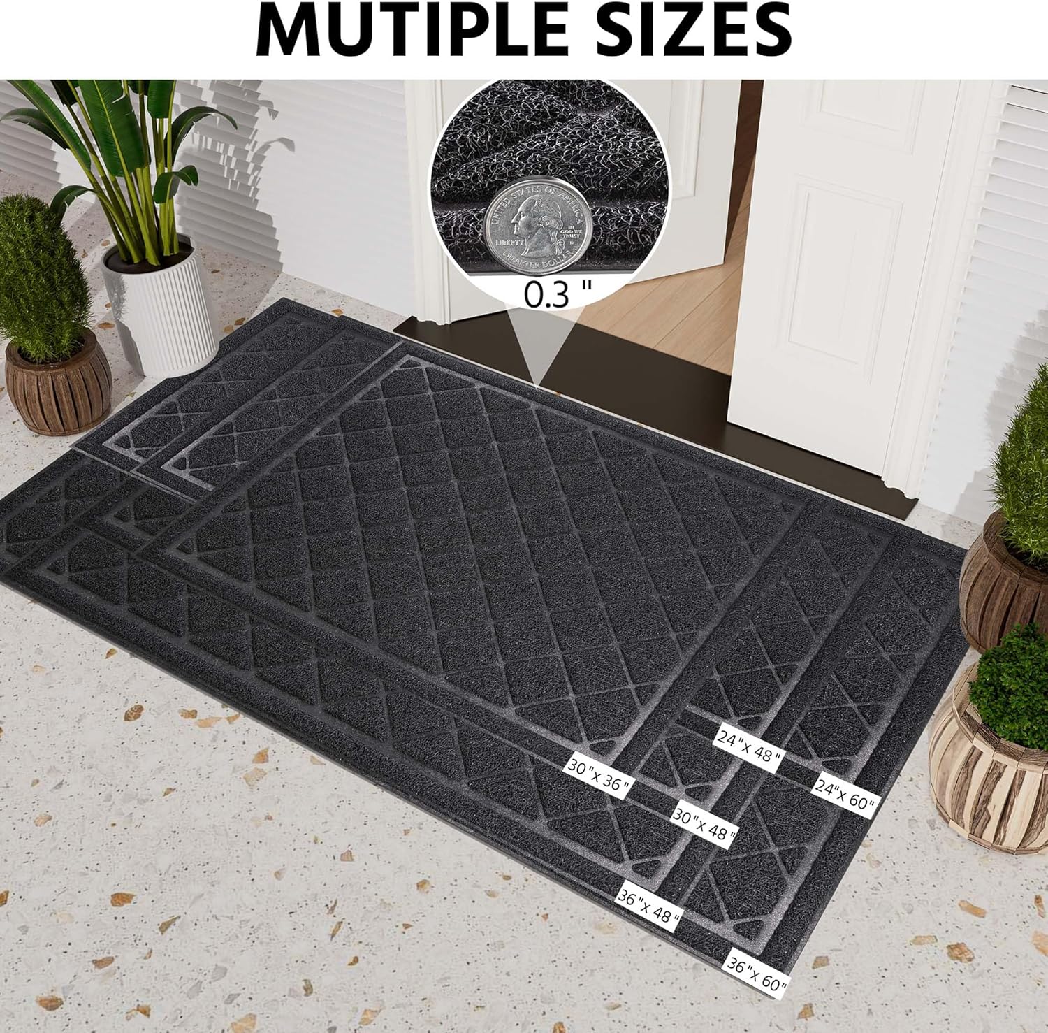 Front Door Mat Indoor Outdoor Entrance, 36" x 60" Heavy Duty All-Season All-Weather Waterproof Doormat Trap Dirt and Moisture Easy Clean Low Profile Patio Porch Entryway Mat