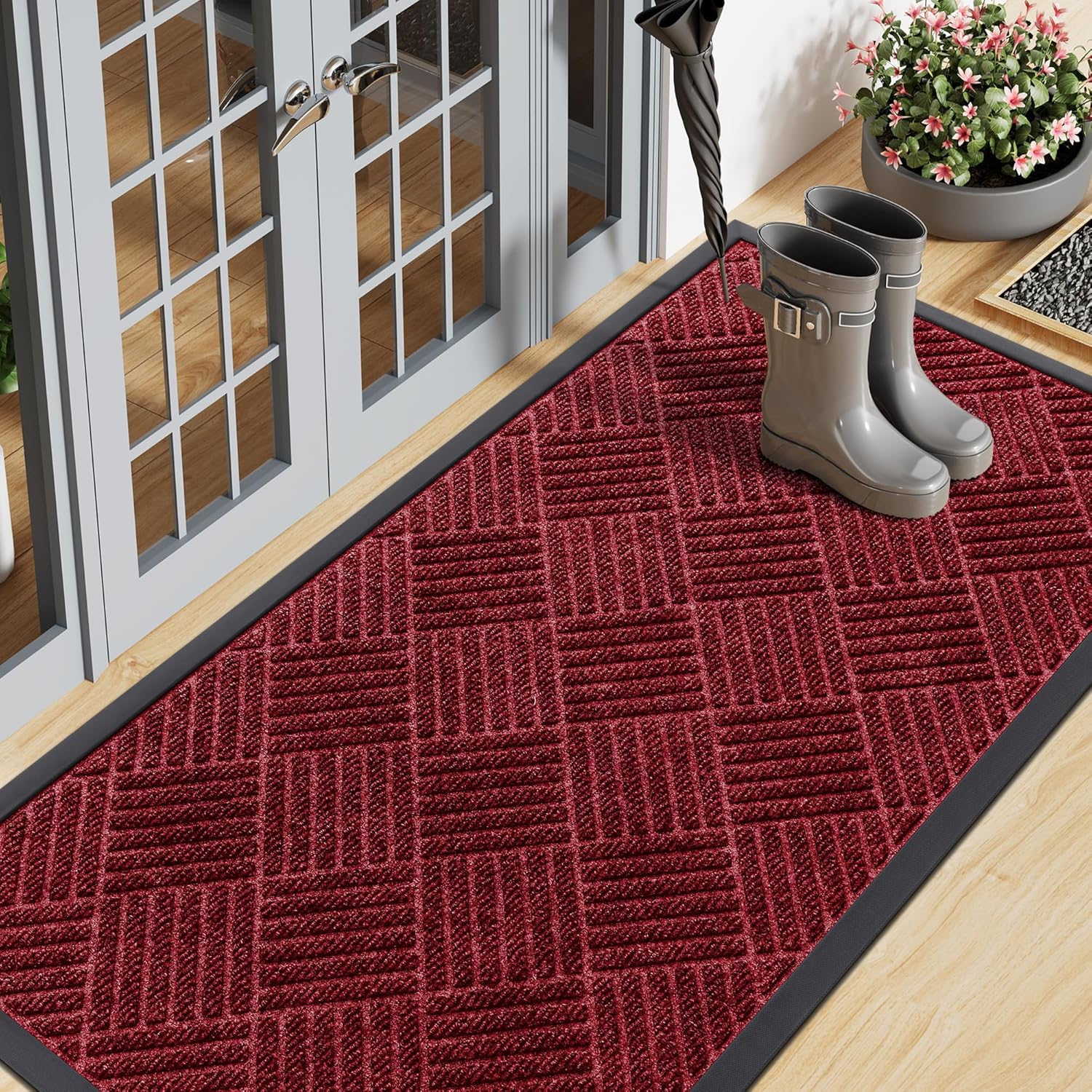 Smiry Front Door Mat Outside Entrance, Heavy Duty Outdoor Indoor Mat, Natural Rubber Doormat, Non Slip, Trap Dirt and Moisture, Easy Clean, Low Profile Patio Porch Entryway Mat, 71x23, Wine Red
