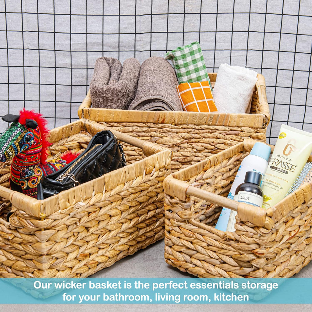 Water Hyacinth Storage Baskets with Wooden Handles, Rectangular Woven Organizer Bins for Closet, Pantry, Bathroom, or Shelves, Natural Decorative Storage Baskets for Home Organization – Set of 3