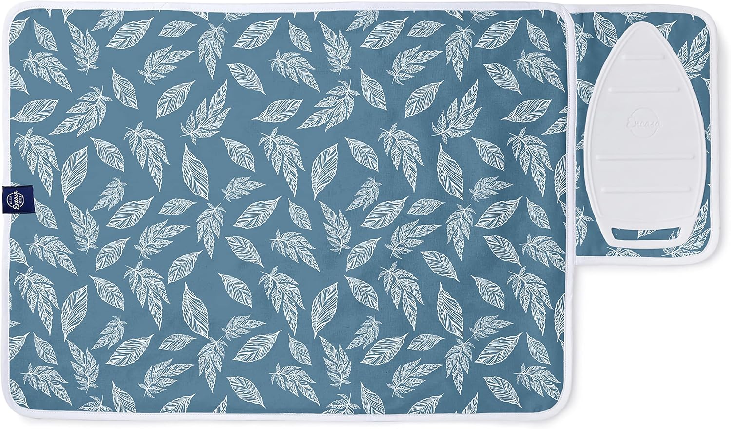 Encasa XO Ironing Mat/Pad (Small 28"x20") with 3mm Padding & Silicone Iron Rest for Steam Pressing on Tabletop or Bed - Heat Resistant, Portable, Quilting & Travel Blanket - Big Leaves Blue