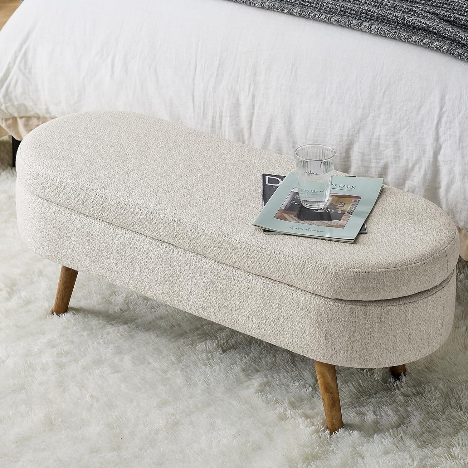 Furnimart 43.5" Queen Size Storage Bedroom Bench for End of Bed, Faux Linen Upholstered Storage Ottoman with Solid Wood Leg for Bedroom,Living Room, Entryway, Beige