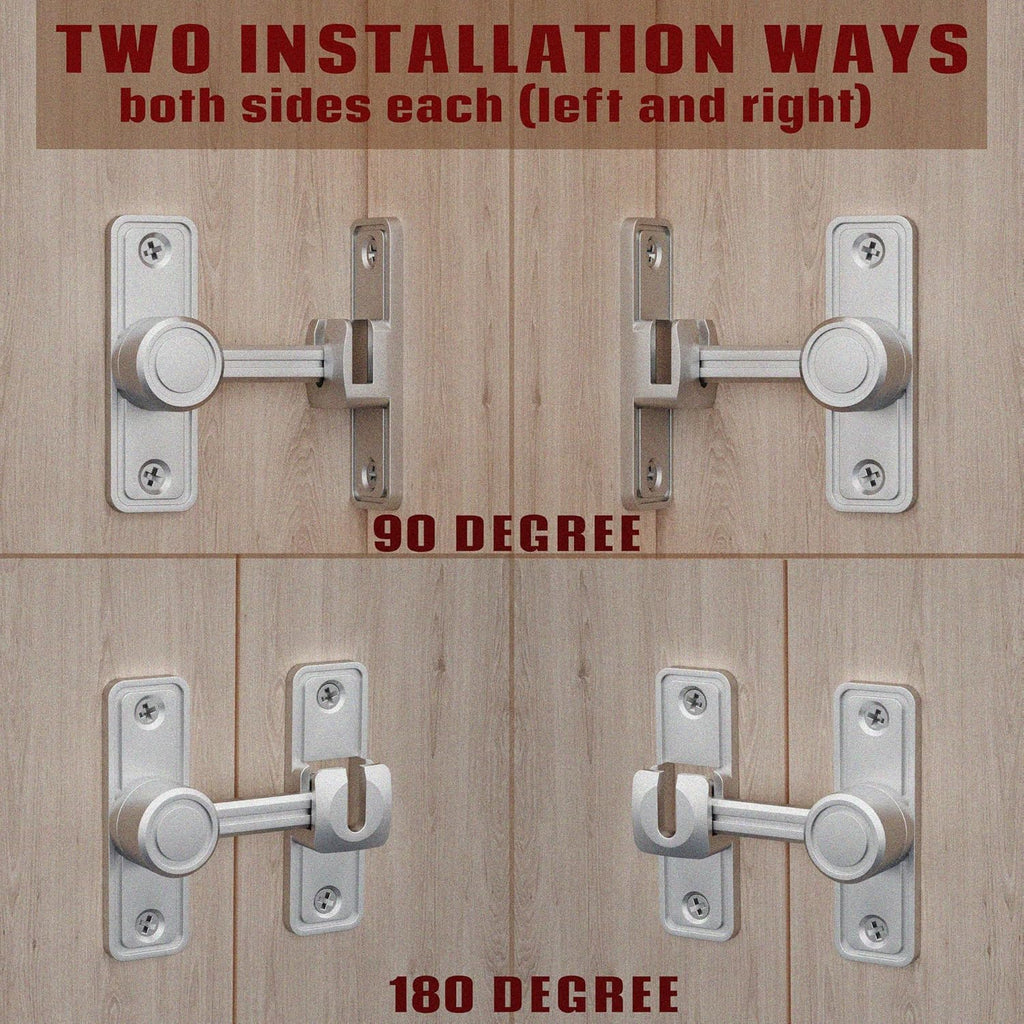 Barn Door Privacy Latch, 90°/180° Swing Slide Lock, Zinc-Alloy, Adhesive or Screw Mount, Interior Use for Bathroom/Bedroom/Closet/Shed, Includes Screws & Glue - Silver