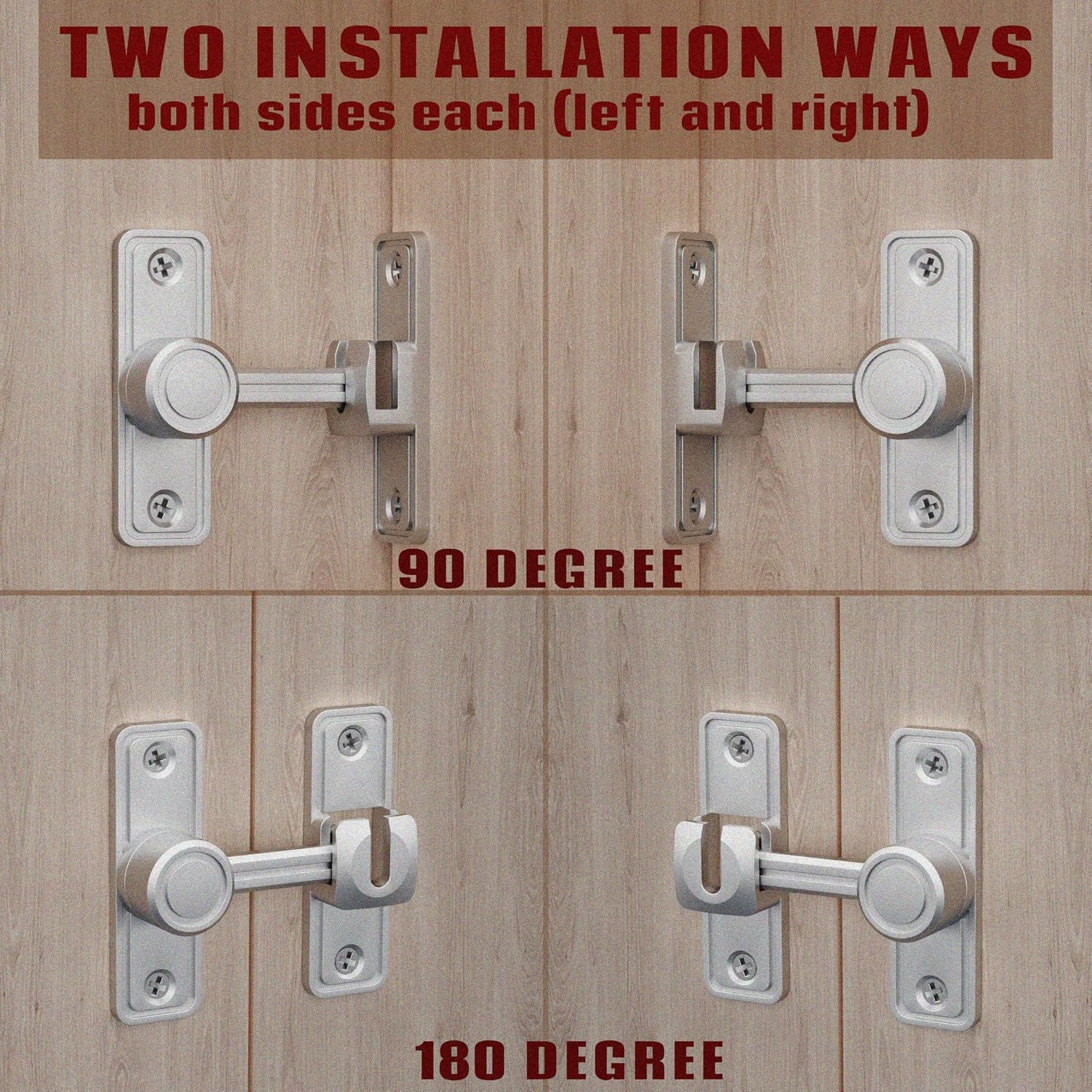 Barn Door Privacy Latch, 90°/180° Swing Slide Lock, Zinc-Alloy, Adhesive or Screw Mount, Interior Use for Bathroom/Bedroom/Closet/Shed, Includes Screws & Glue - Silver
