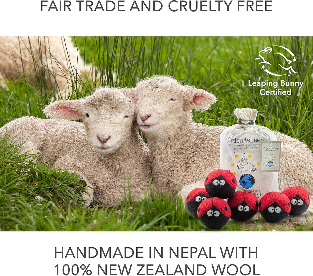 Friendsheep Wool Dryer Balls 6 Pack XL Organic Premium Reusable Cruelty Free Handmade Fair Trade No Lint Fabric Softener Ladybugs - Laundrybugs