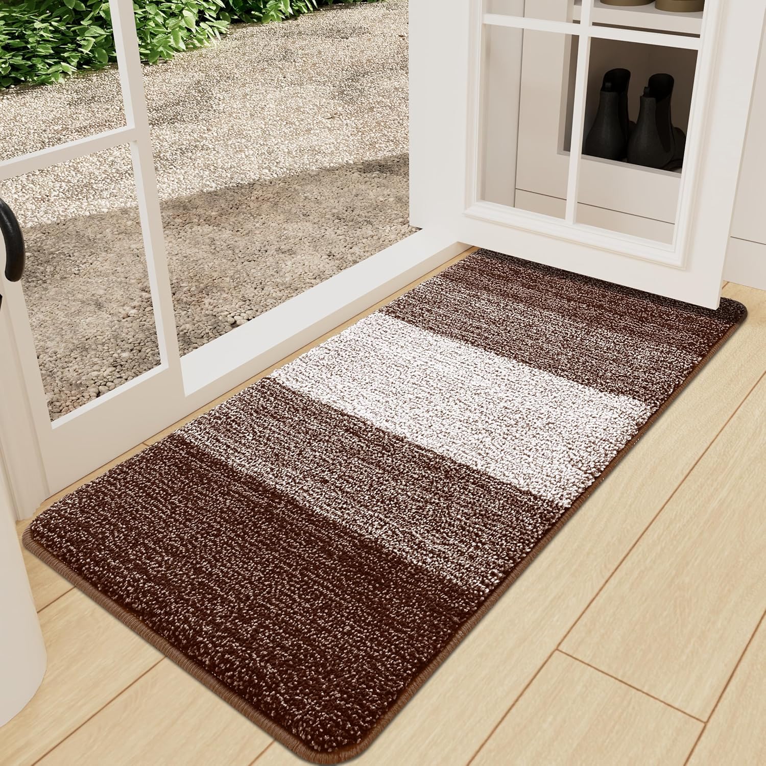 Kitinjoy Indoor Outdoor Door Mat, 71x24 Non-Slip Absorbent Dirt Trapper, Low-Profile Washable Inside Entrance Front Floor Mat, Sturdy Soft Entry Doormats for Entryway, Brown