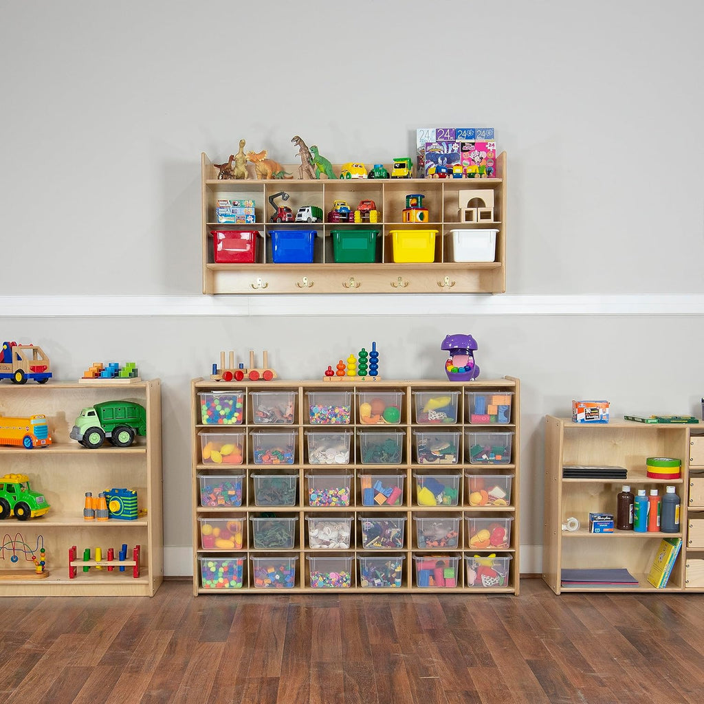 Wood Designs Cubby Storage Bin, Heavy Duty Plastic Containers for Kids Translucent Clear Cubby Tray Set of 12