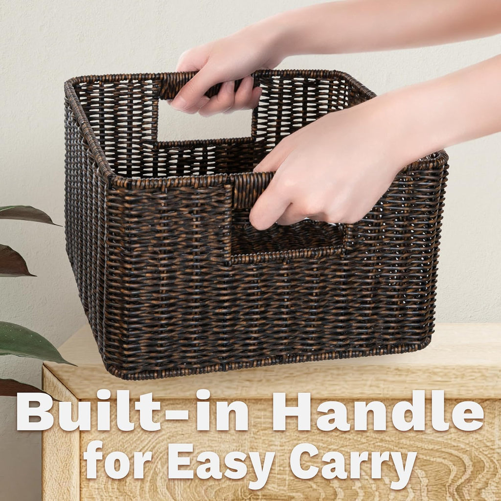 myHomeBody Wicker Storage Basket, Storage Cubes, Woven Baskets for Organizing, Resin Wicker Set of 3, Rustic Brown