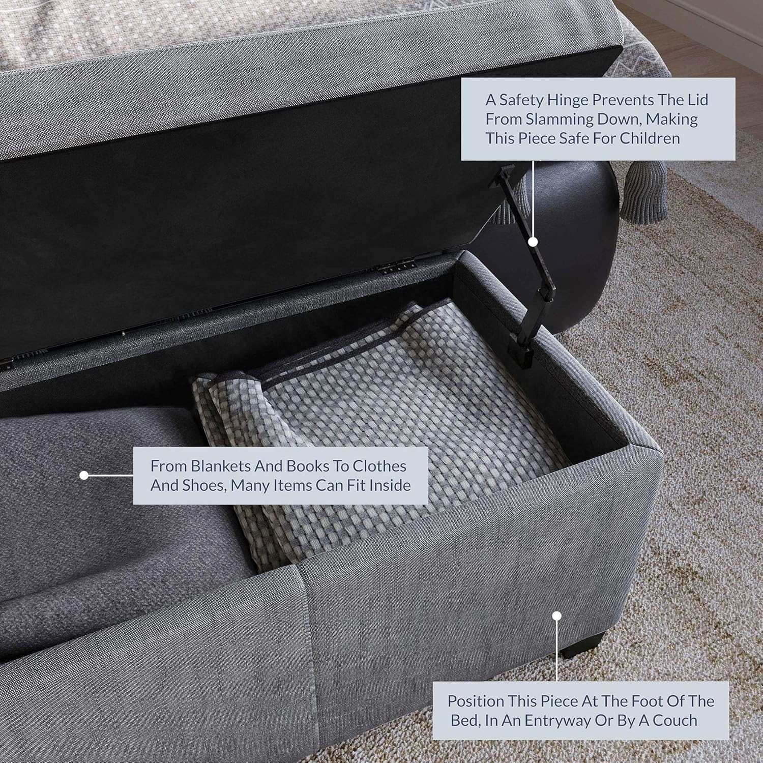 BELLEZE Storage Ottoman, 47 Inch Bench Bedroom Bench with Safety Close Hinge, Extra Long Ottoman with Storage for Living Room, Entryway, Hallway, Foot Rest, Support 300lbs - Gray
