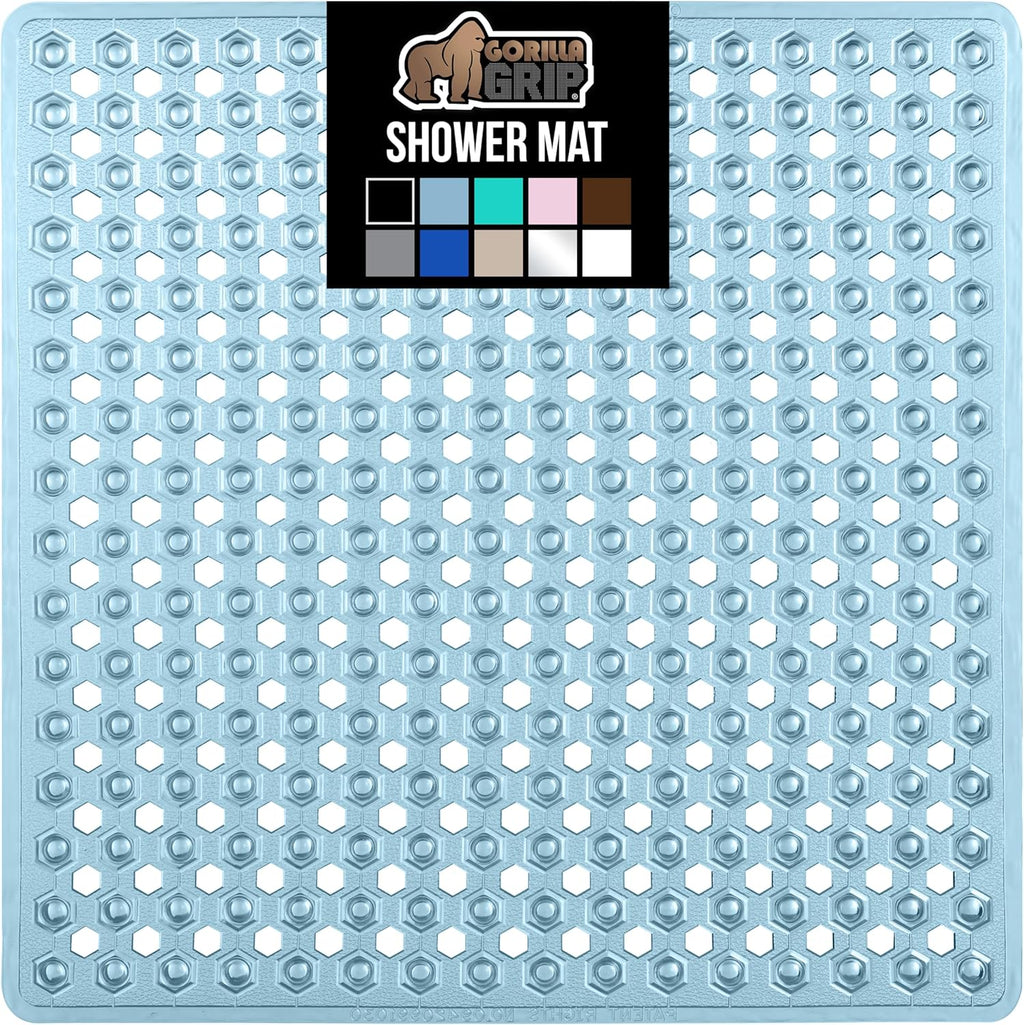 GORILLA GRIP Patented Square Shower Stall Mat, Small Bathtub Floor Mats for Stand Up Showers with Suction Cups and Drainage Holes, Machine Washable, Soft on Feet, Bathroom Accessories 21x21 Inch, Blue