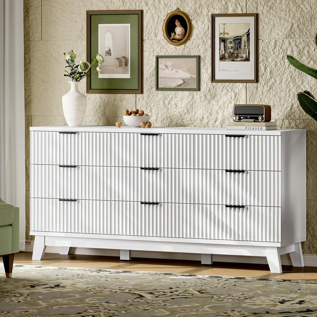 Fluted Dresser with 9 Drawers, 63" Wide Modern Chest of Drawers with Metal Handle, Wooden Dresser TV Stand, Wood Closet Clothes Storage Organizer for Bedroom, Living Room, Hallway, Solid White