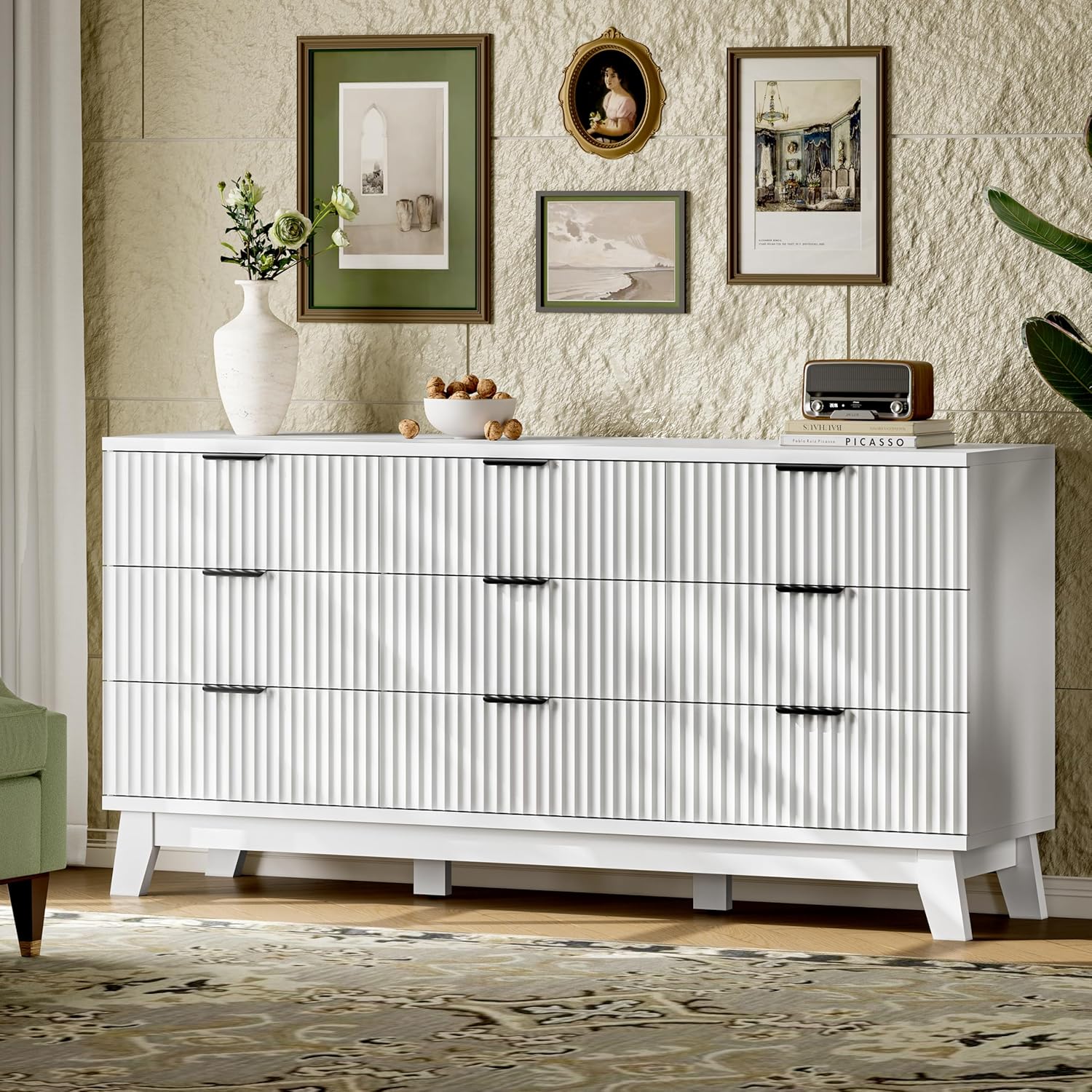 Fluted Dresser with 9 Drawers, 63" Wide Modern Chest of Drawers with Metal Handle, Wooden Dresser TV Stand, Wood Closet Clothes Storage Organizer for Bedroom, Living Room, Hallway, Solid White