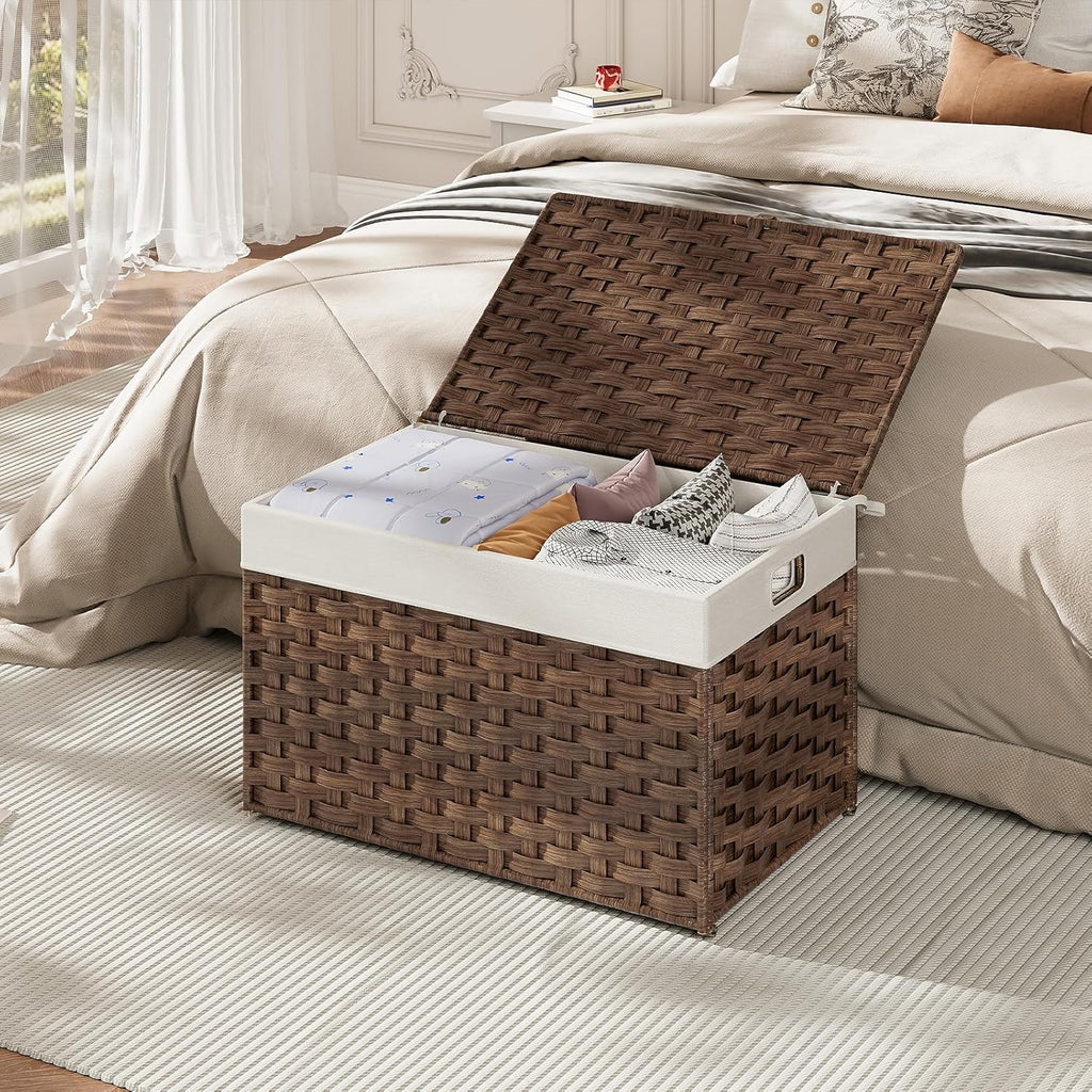 HOOBRO Storage Basket with Lid, 17.2 Gallon (65L) Wicker Basket, Handwoven Blanket Storage Basket with Handles, Metal Frame and Soft Lining, Foldable for Bedroom, Laundry Room, Brown BR265CW01