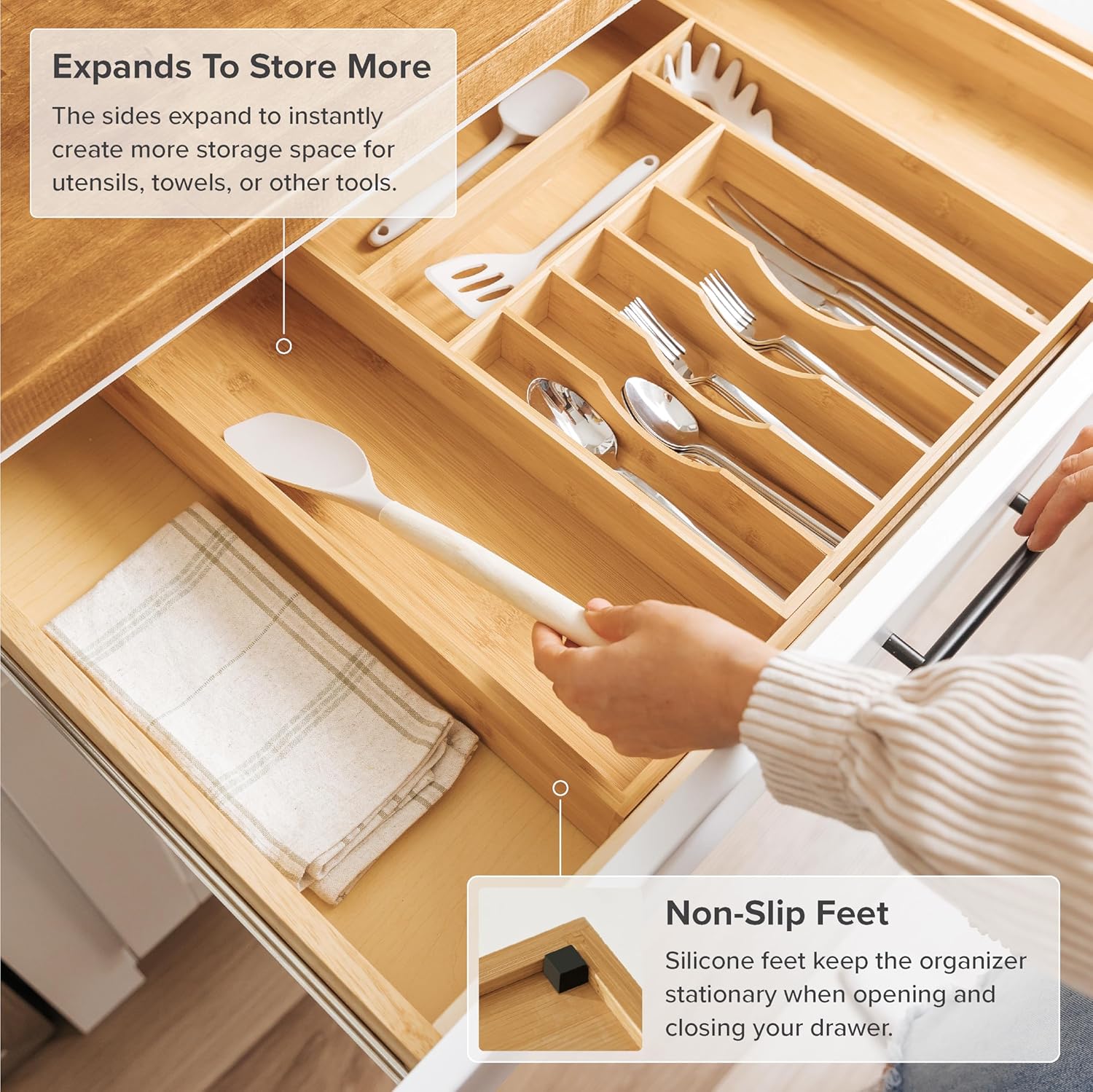KitchenEdge Premium Silverware, Flatware and Utensil Organizer for Kitchen Drawers, Food-Safe Contract Grade, Expandable from 14 to 25 In, Natural Bamboo