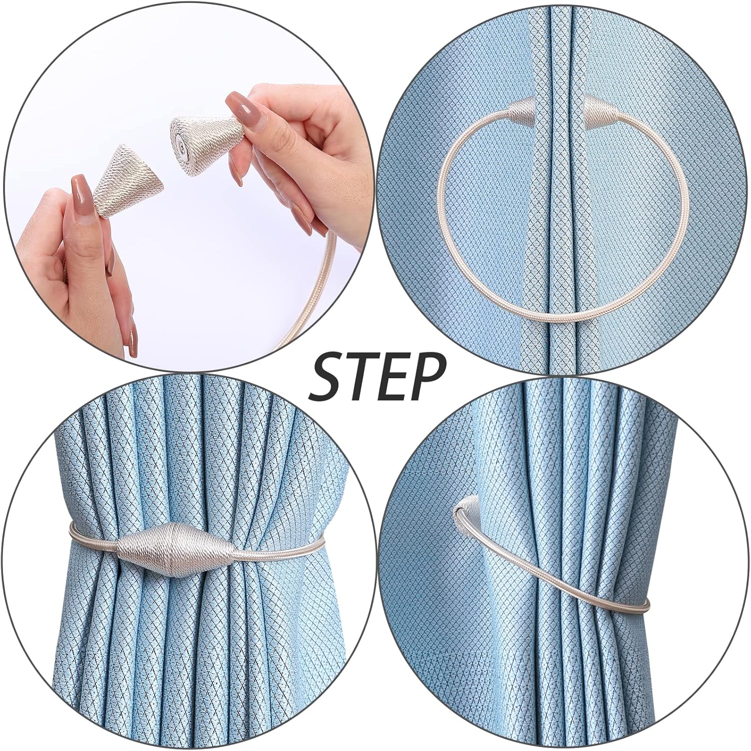 2 PCS Magnetic Curtain Tiebacks, European Style Convenient Drape Tie Backs Holdbacks for Thin or Thick Home & Office Window Draperies, No Tools Required（Beige）
