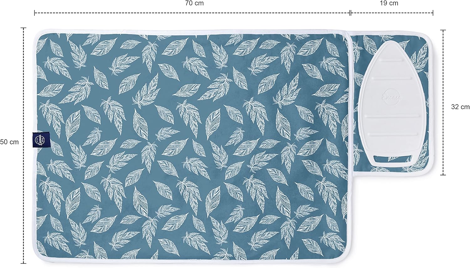 Encasa XO Ironing Mat/Pad (Small 28"x20") with 3mm Padding & Silicone Iron Rest for Steam Pressing on Tabletop or Bed - Heat Resistant, Portable, Quilting & Travel Blanket - Big Leaves Blue