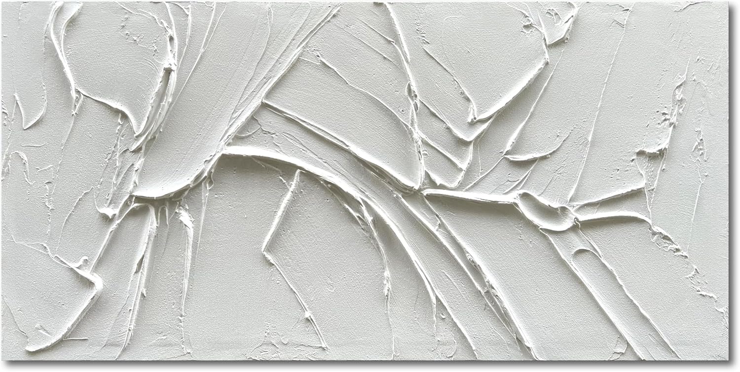 NANKAI Hand-Painted Thick Texture White Minimalist Oil Painting 24x48 Inches Contemporary Abstract Art Oil Painting, Home, Office Wall Decoration Art