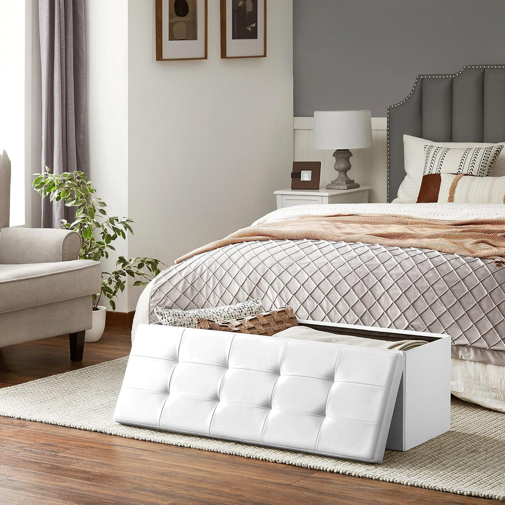 SONGMICS MAZIE Collection - 43 Inches Storage Ottoman Bench with Flipping Lid, Storage Chest with Iron Frame Support, Load 660 lb, for Living Room, Bedroom, Synthetic Leather, White ULSF75WT