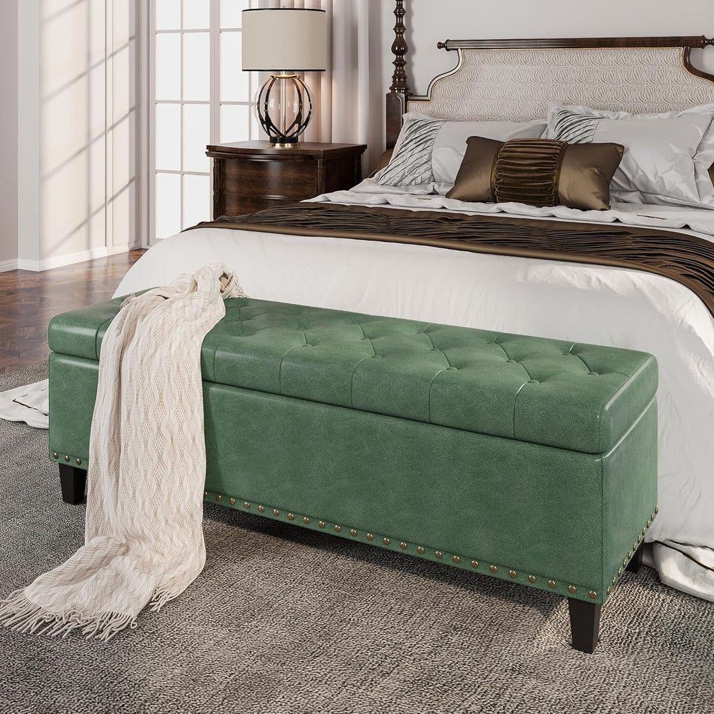 Storage Ottoman Bench, 51-Inch Large Storage Bench for Bedroom End of Bed, 30 Gallons Faux Leather Bench for Bedroom, Living Room, Entryway, Hallway, Green