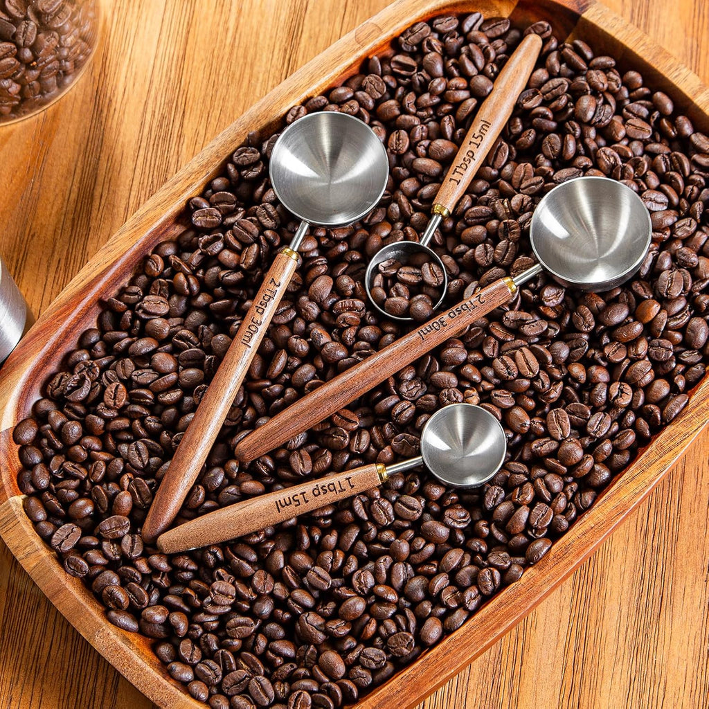 4PCS Wood Scoops for Jars Wooden Scoops for Canisters 2Tbsp + 1Tbsp Measuring Spoons for Coffee Bean Powder Coffee Scoop Measuring Scoop for Salt Sugar Multipurpose-Black Walnut+304 Stainless Steel