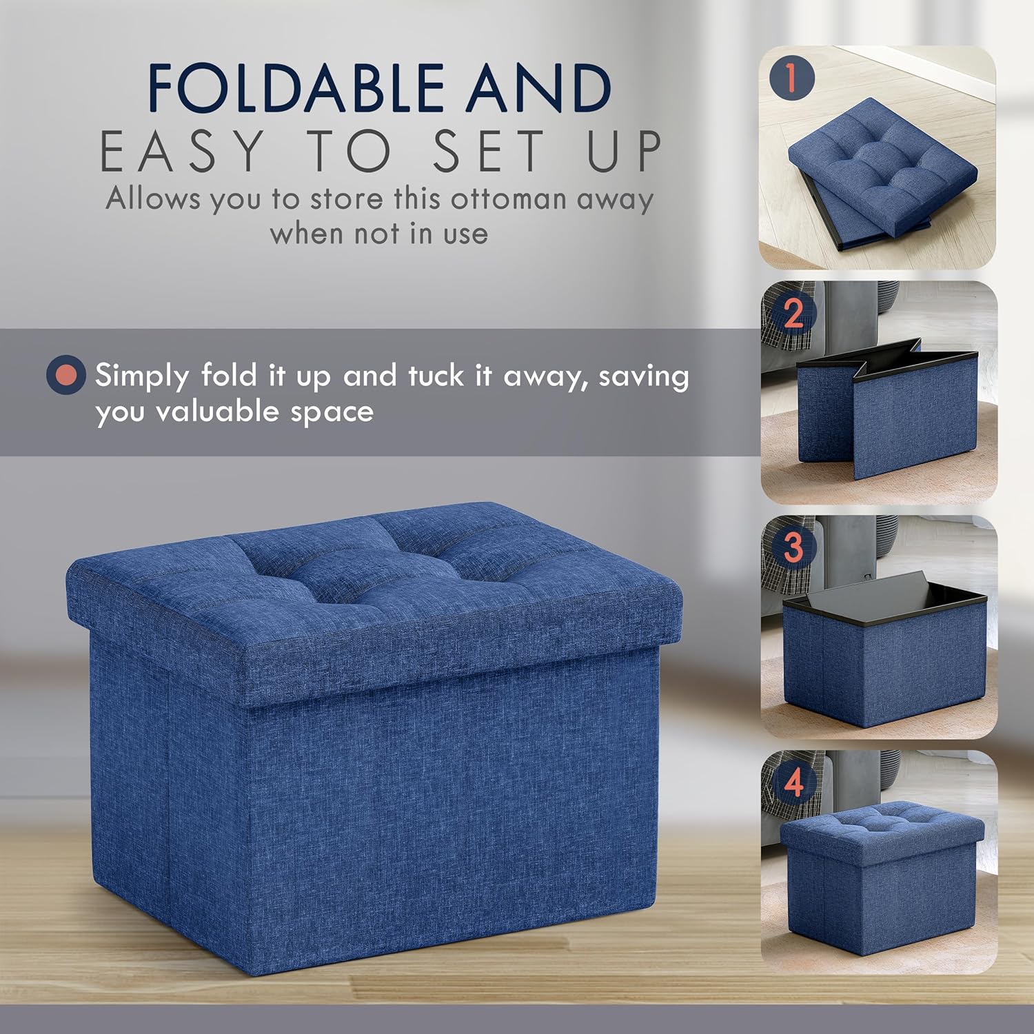 Ornavo Home Small Storage Ottoman Foldable Collapsible Rectangle Linen Ottoman Foot Rest Stool Seat, for Living Room, Bedroom, Home Office, Dorm - 12 x 16 x 12, Navy Blue