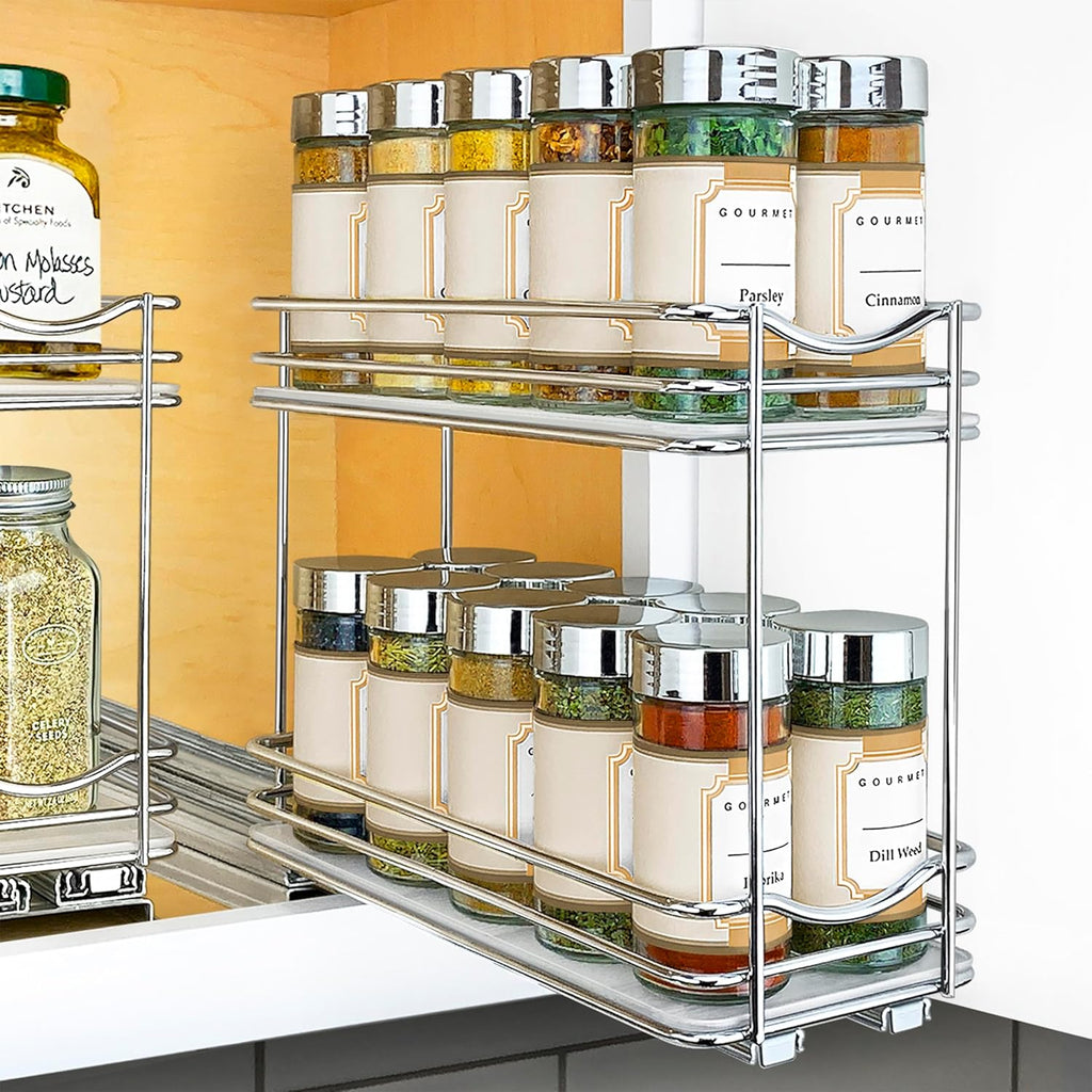 LYNK PROFESSIONAL® Pull Out Spice Rack Organizer for Inside Kitchen Cabinets - 4-1/4 inch Wide - Slide Out Drawer – Chrome Sliding Spice Cabinet Organization Shelf Racks - 2 Tier
