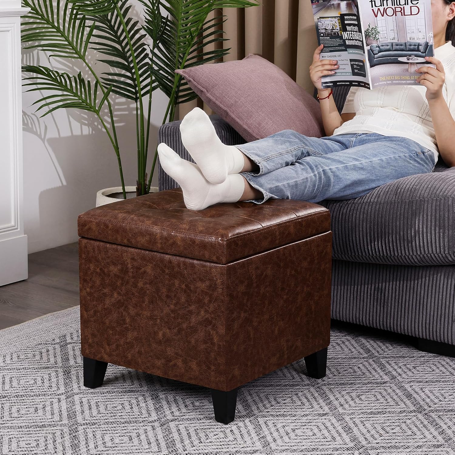 Adeco 18" Storage Ottoman Foot Rest Stool, Walnut Leather Ottoman with Black Solid Wood Legs and Hinged Lid, Small Foot Stool for Living Room, Bedroom