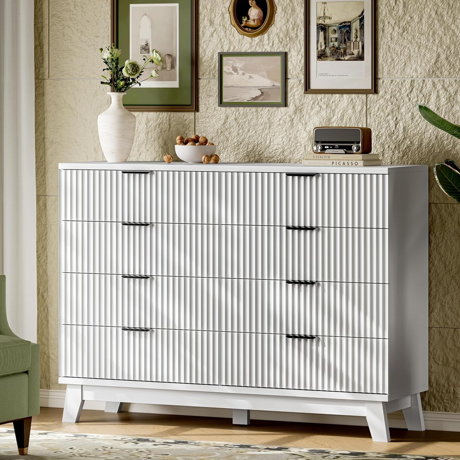 Fluted Dresser with 8 Drawers, 54" Wide Modern Chest of Drawers with Metal Handle, Wooden Dresser TV Stand, Wood Closet Clothes Storage Organizer for Bedroom, Living Room, Hallway, Solid White