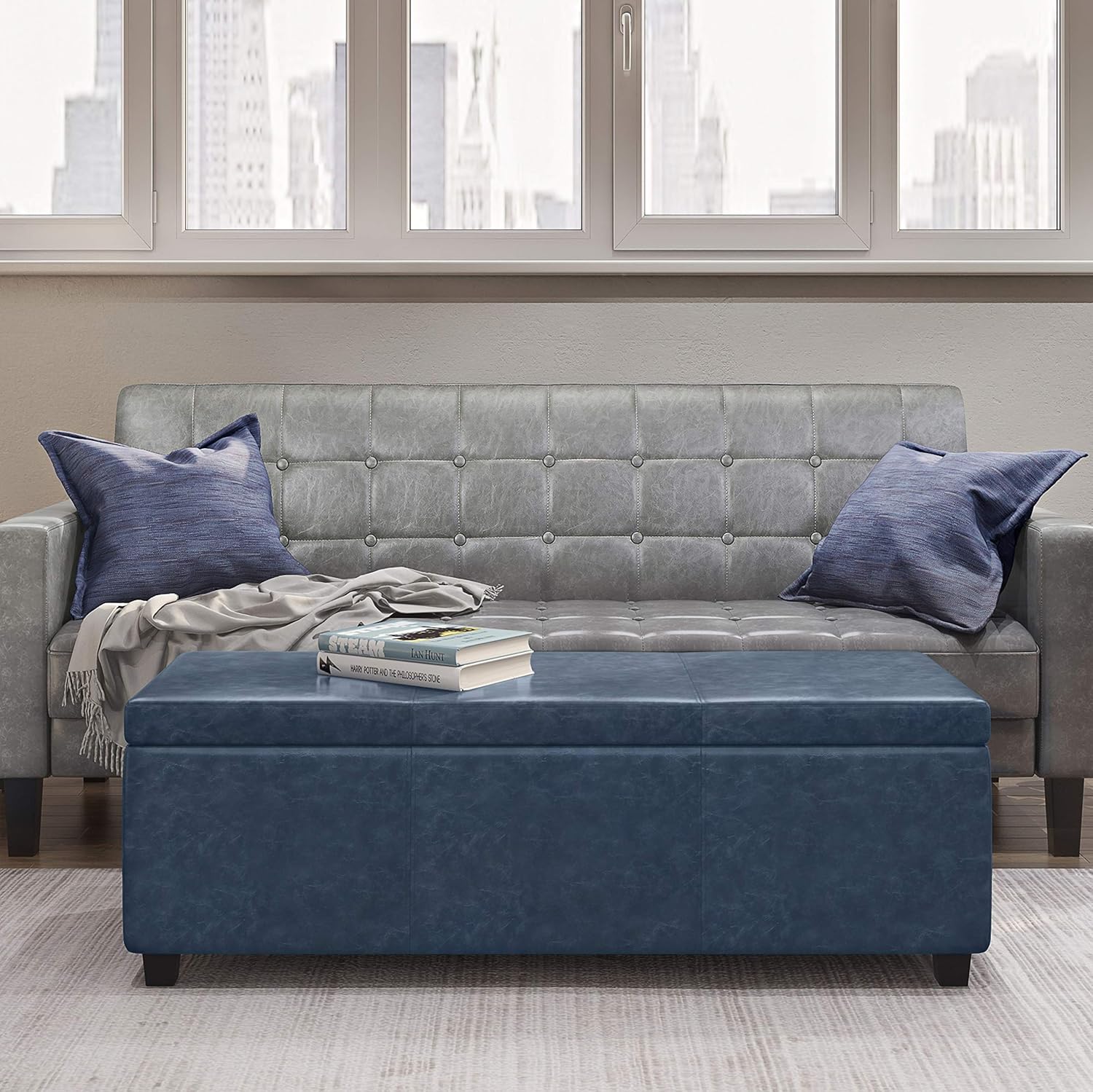 SIMPLIHOME Avalon 48 inch Wide Contemporary Rectangle Storage Ottoman Bench in Denim Blue Vegan Faux Leather, Assembled, For the Living Room, Entryway and Family Room