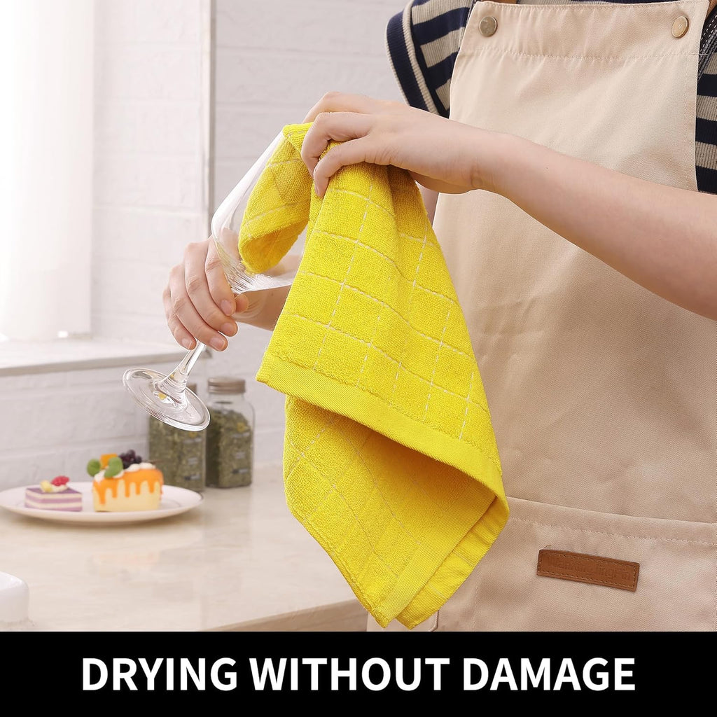 Homaxy 100% Cotton Terry Kitchen Towels(Yellow, 13 x 28 inches), Checkered Designed, Soft and Super Absorbent Dish Towels, 8 Pack