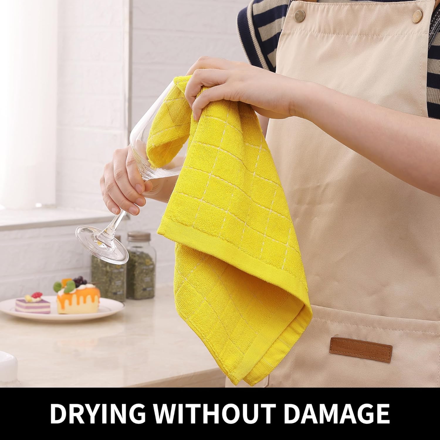 Homaxy 100% Cotton Terry Kitchen Towels(Yellow, 13 x 28 inches), Checkered Designed, Soft and Super Absorbent Dish Towels, 8 Pack