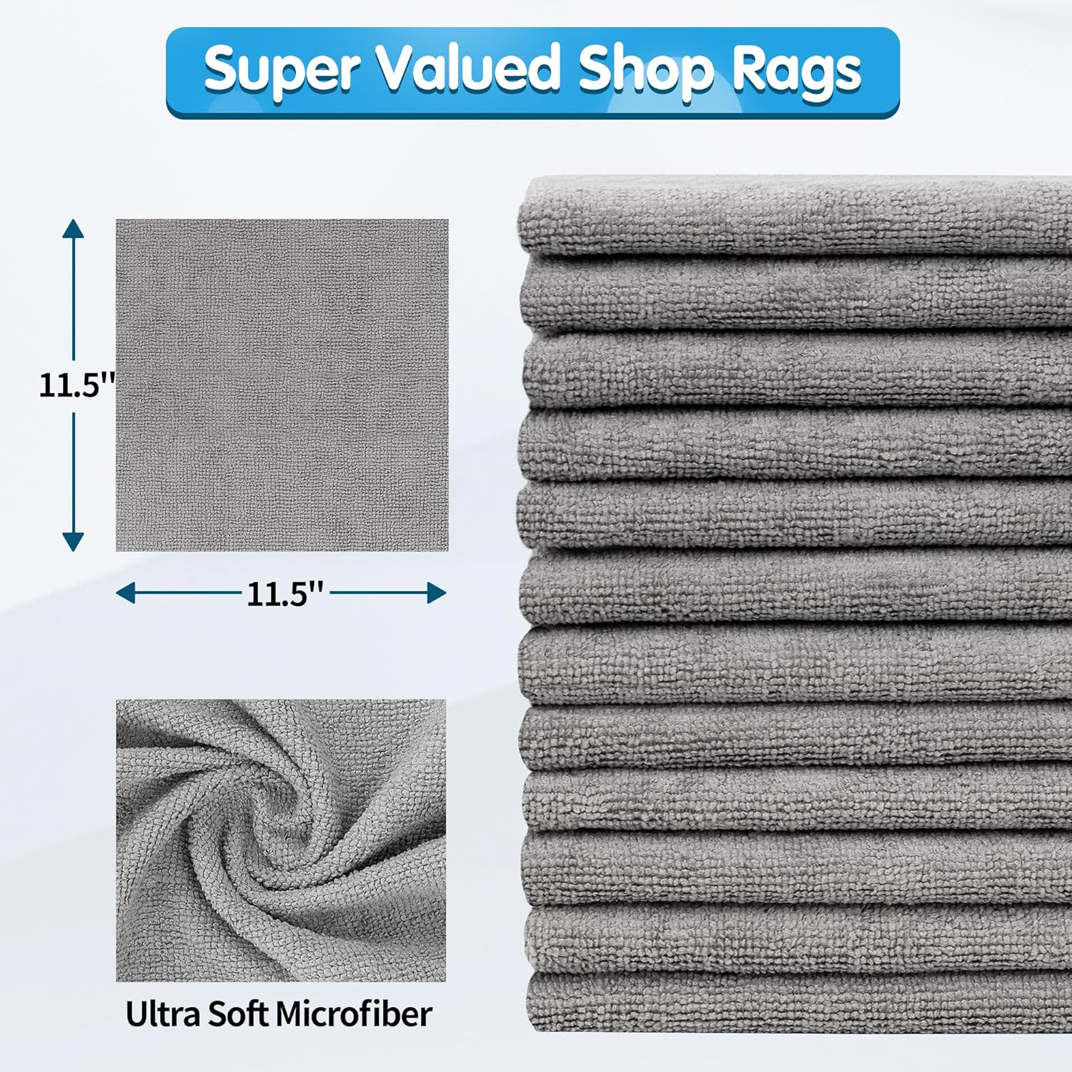 FIXSMITH Shop Towels, Pack of 100, Grey Microfiber Cleaning Cloth Bulk, Microfiber Towels for Cars, All-Purpose Absorbent Cleaning Rags, Dust Cloth for Automotive, Mechanic, Garage, 11.5 x 11.5 inch