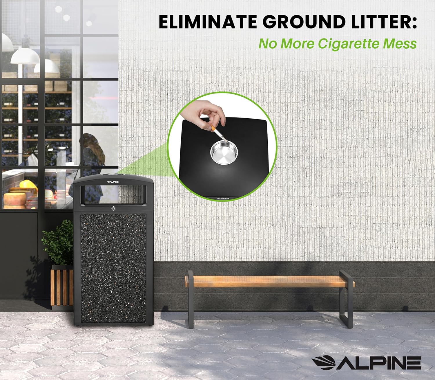 Alpine Outdoor Commercial Trash Can with Lid - 40 Gallon Heavy Duty Metal Garbage Can with Removable Bin, Locking Lid for a Modern Look in Park, Mall & High Traffic Areas-Grey Stone Panels (With Tray)