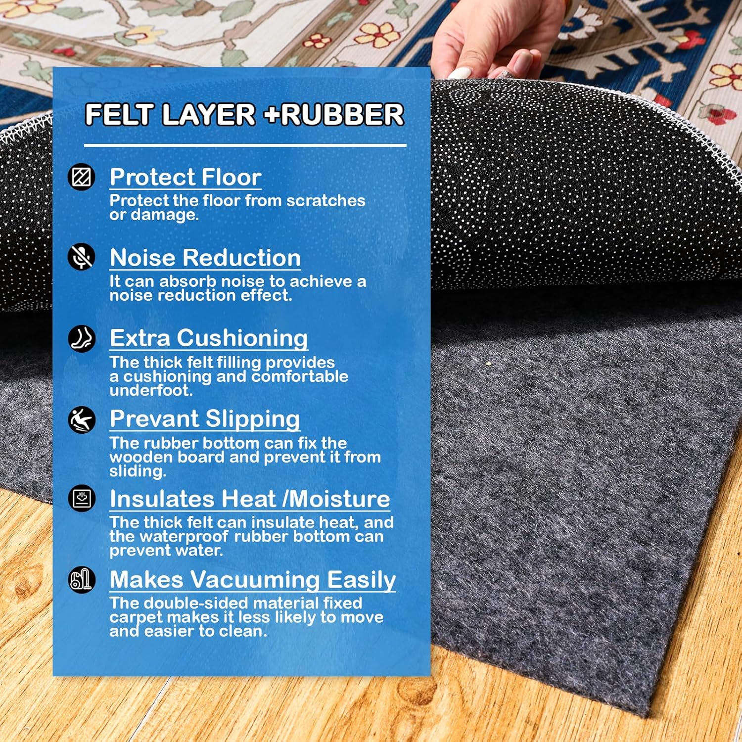 Non-Slip Rug Pads 2 x 3 ft, 100% Waterproof Extra Large Area Rugs Non Skid Rug Pad for All Floors and Finishes Durable Hardwood Floor Protective Felt Keeps Rugs in Place, Safe and Secure
