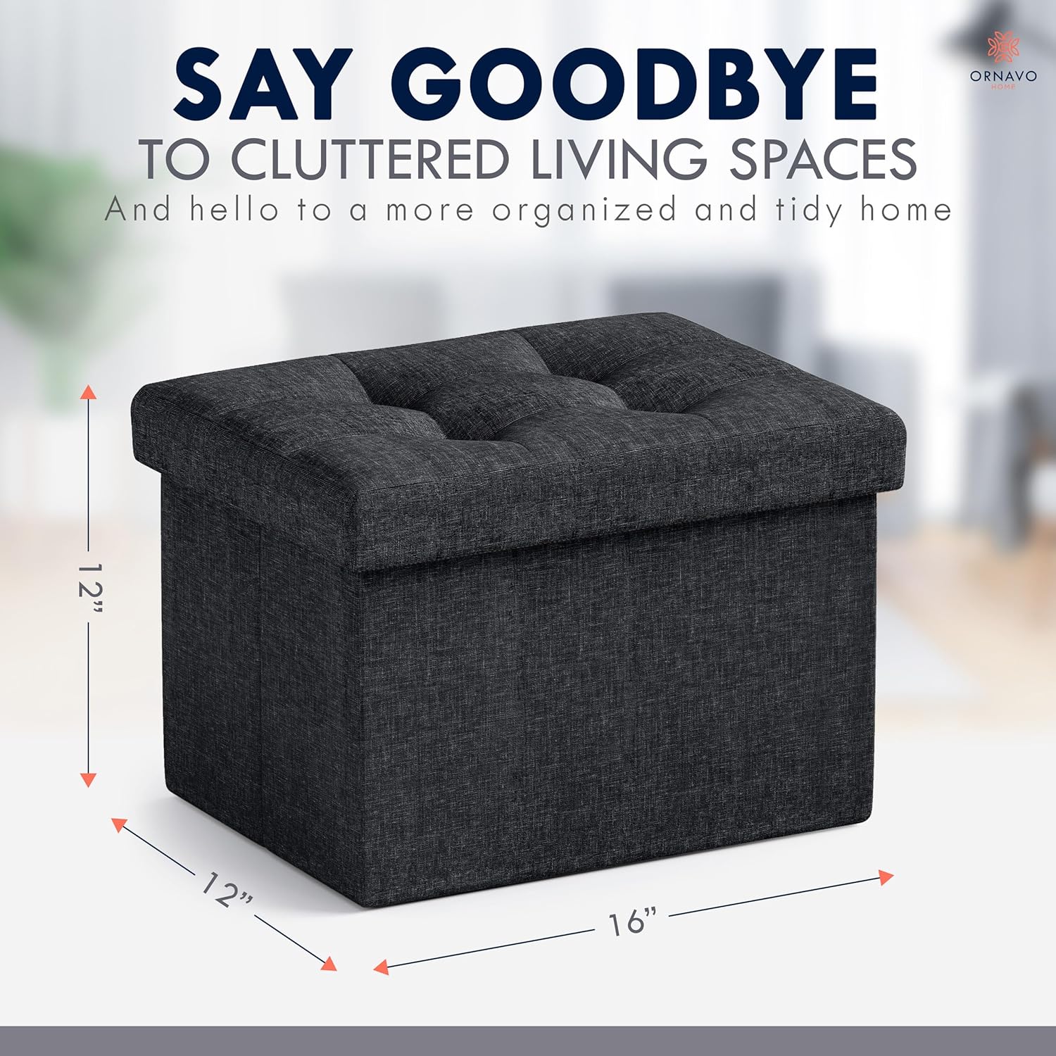 Ornavo Home Small Storage Ottoman Foldable Collapsible Rectangle Linen Ottoman Foot Rest Stool Seat, for Living Room, Bedroom, Home Office, Dorm - 12 x 16 x 12, Black