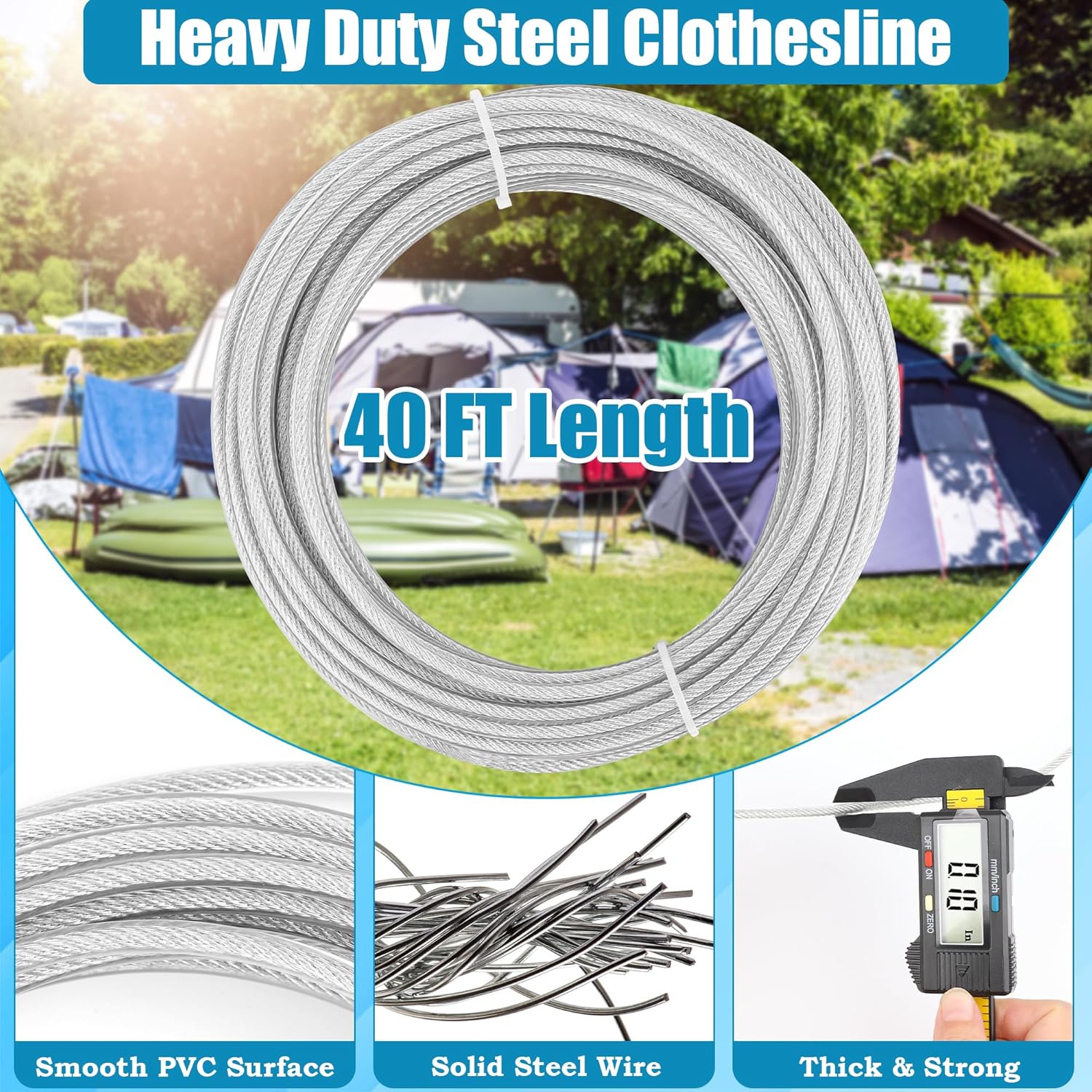 20FT/ 40FT Retractable Travel Clothesline, Adjustable Outdoor Clothesline Drying Clothes Line Laundry for Travel Camping, with Ratchet Pulley/ 2 Screws/ 2 Buckles (Black+Silver, 472, Inches)