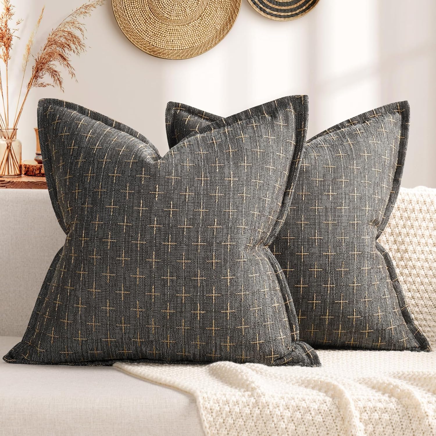 ZWJD Pillow Covers 16x16 Set of 2 Soft Polyester Textured Pillow Covers with Stylish Flange Edge Cozy Farmhouse Throw Pillows for Couch Bed Sofa Living Room